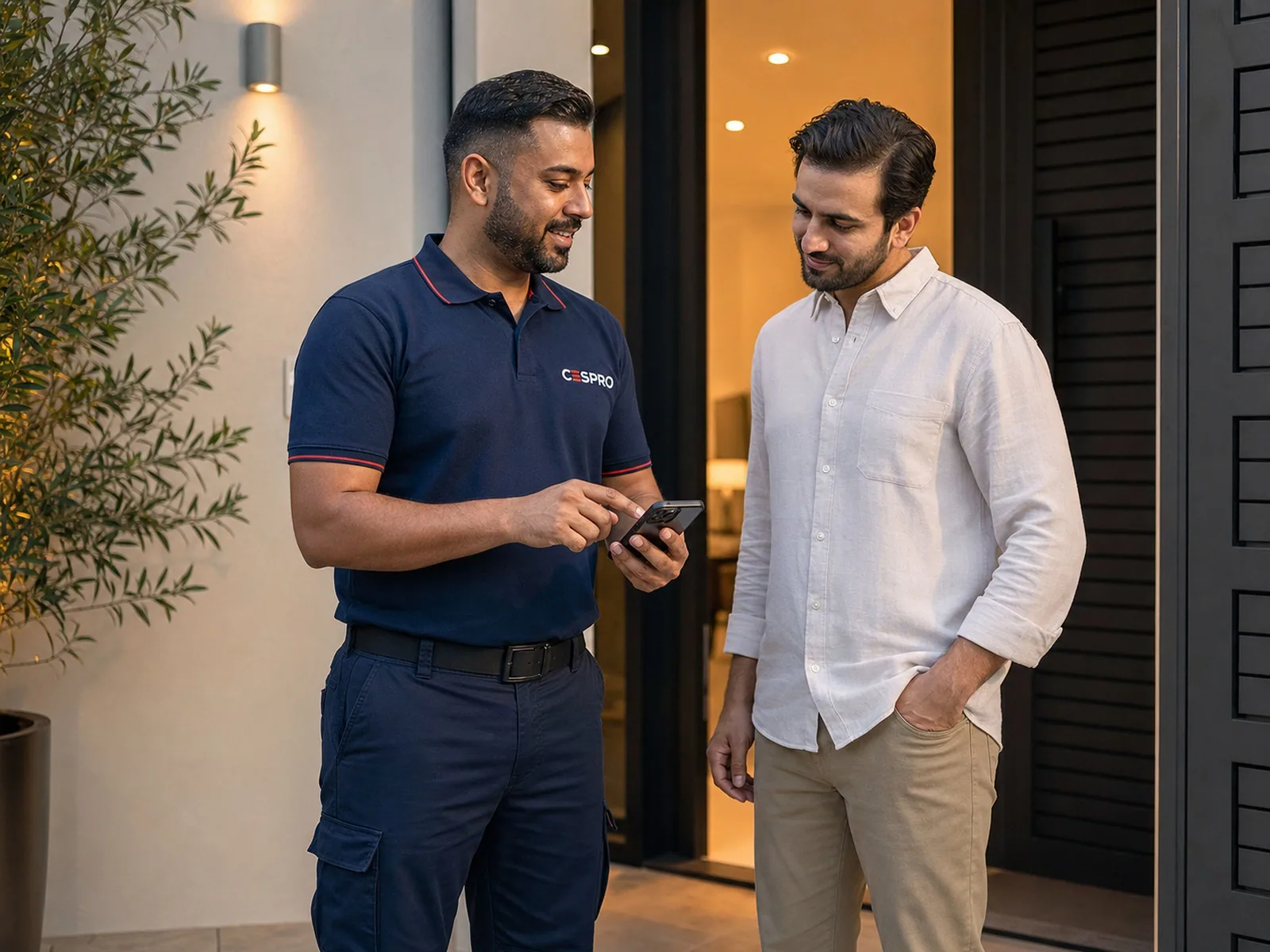 A CESPRO technician walking a homeowner through the job summary at the door